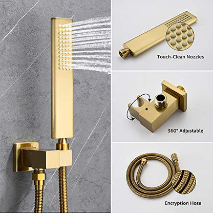 Iriber Brushed Gold Rain Shower System with Waterfall Tub Spout 3 Function Shower Faucet Set Contain 12 Inch Shower Head and Handheld Modern Bathroom Shower Trim Kit (Valve Cartridge Included) - color: Brushed Gold