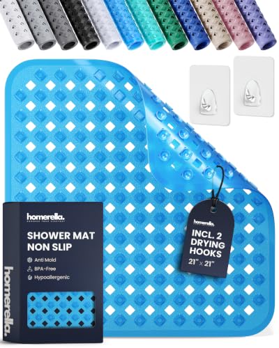 homerella Square Shower Mat Non Slip Anti Mold 21x21 Anti Slip Shower Mat | 100% BPA Free, Mildew Resistant, Machine Washable, Shower Mats for Inside Shower, Shower Floor Mat Mat Non Slip EU Certified - color: Clear Blue