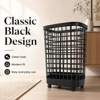 95L Large Plastic Laundry Hamper, Black, Slim Rectangular, Ventilated, Reinforced Handles,Tall Clothes Basket for Bathroom, Dorm, and Closet - size: 95L