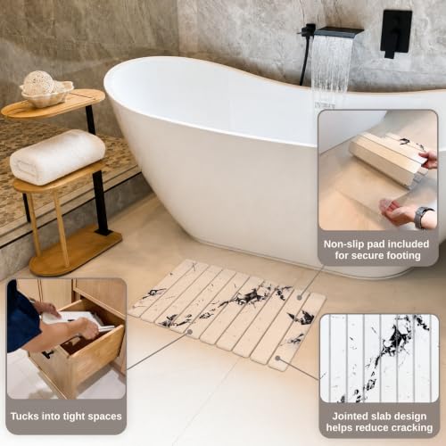 Foldable Stone Bath Mat - Diatomaceous Earth Bath Mat for Bathroom Floor, Jointed Design Quick Dry Stone Mat, Super Absorbent & Space Saving Non-Slip Bath Stone (Pure White) | Bathroom Floor & Shower Use, Jointed Panel Construction, High Absorption Surfac