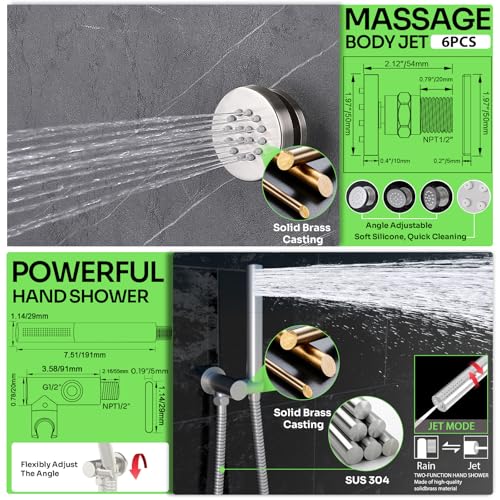 HOMEDEC 16" Round Rain Shower Faucet Set with Dual 6" Wall Shower Head, 5 Way Valve with 2-Function Handheld Shower and Body Jets, Brushed Nickel - color: Brushed Nickel, style: 5-Way + 2x 6" Top