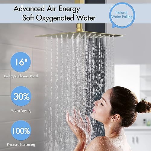 Shower Faucet Set Brushed Gold,Thermostatic Shower System with Body Jets,16 inch Ceiling Rainfall Faucet Set with with 6 PCS Dual Modes Body Jets(3 Inch) Can All Run Together - color: Gold, size: 16"-1