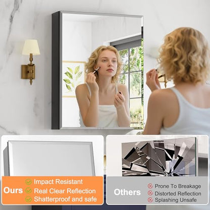 24x30 Inch Medicine Cabinet with Beveled Mirror, Aluminum Medicine Cabinet | Double Side Mirror Door, Adjustable Glass Shelves, Surface or Recessed Mount Bathroom Mirrors with Storage, Black - size: 24 in. x 30 in.