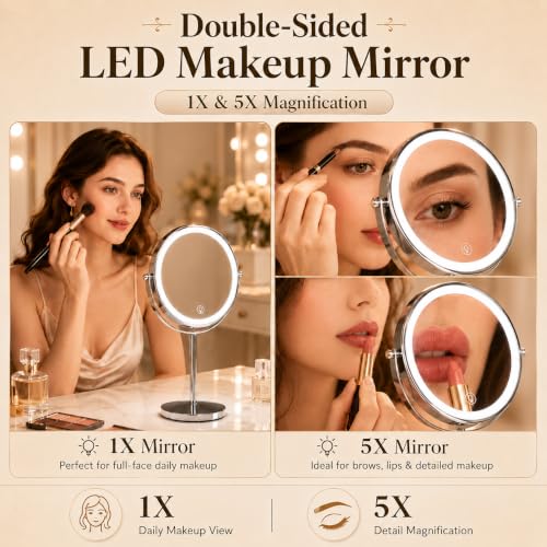 Ysenchan Lighted Makeup Mirror, 8'' Rechargable LED Vanity Magnifying Mirror, Double Sided 5X Manification Mirror with Stand, Cosmetic Standing Desk