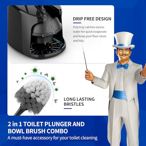 MR.SIGA Toilet Plunger and Brush with Holder for Toilet Cleaning, Black | Heavy duty toilet brush and plunger set, plunger toilet brush combo - color: Black