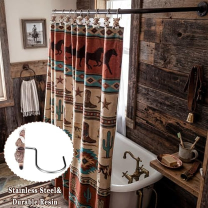 12 Pcs 4 Style Highland Cow Shower Curtain Hooks Rustic Farmhouse Western Decorative Shower Hooks Resin Metal Double Material No-Rust Sliding Curtain Rings for Bathroom Decor for Cow Lovers