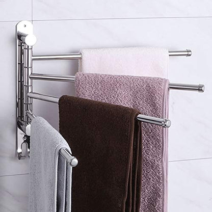 4 Rods Swivel Towel Rack, 13.8inch Stainless Steel Swing Out Towel Holder Wall Mounted Towel Holder with Hook for Kitchen, Bathroom, Outdoor