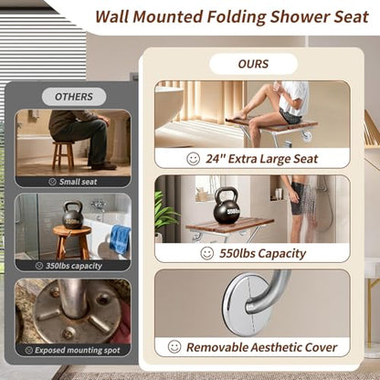 𝙐𝙥𝙜𝙧𝙖𝙙𝙚 24 Inch Teak Folding Shower Seat Wall Mounted, 550 Lbs Capacity Sturdy Shower Bench with 316 Stainless Steel Frame & Finish Caps, Narrow Bathroom Space Saving Teak Wood Shower Chair - size: 24 inch