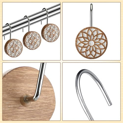 BreezeHug 12pcs Boho Shower Curtain Hooks Decorative Shower Curtain Hangers for Bathroom Rod Resin Round Rings with Brown Floral Pattern, Waterproof - style: Geometry
