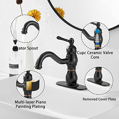 Oil Rubbed Bronze Bathroom Faucet GGStudy Bathroom Vanity Faucet Single Handle One Hole Bathroom Sink Faucet Basin Mixer Tap Matching Pop Up Drain with Overflow - color: Oil Rubbed Bronze, size: Short