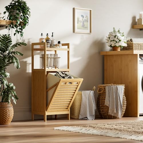 HITNET Tilt Out Laundry Hamper, Bamboo Laundry Basket with Foldable Bag and 2 Open Shelves, Freestanding Clothes Storage Organizer for Bedroom, Bathroom, Living Room, Natural - color: Natural