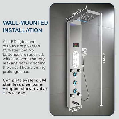 ELLO&ALLO LED Shower Panel Tower System, Rainfall and Mist Shower Head Rain Massage with Body Jets, Brushed Nickel - color: Brushed Nickel
