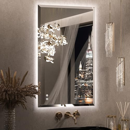 Keonjinn 40 x 24 Inch Backlit LED Mirror for Bathroom, Beveled Frameless Mirror with Backlight, Safe Tempered Glass, UL-Listed LED Driver, 3 Color Lights, Defogging, Decorative(Horizontal/Vertical) - color: Backlit Beveled Edge, size: 24"L x 40"W