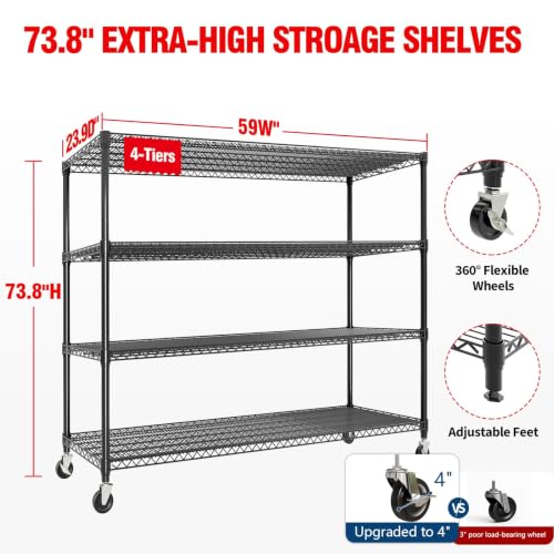 Garvee 4-Tiers Storage Shelves 2640LBS Heavy Duty Metal Shelves with Wheels - size: 59.06"W x 73.87"H x 23.92"D