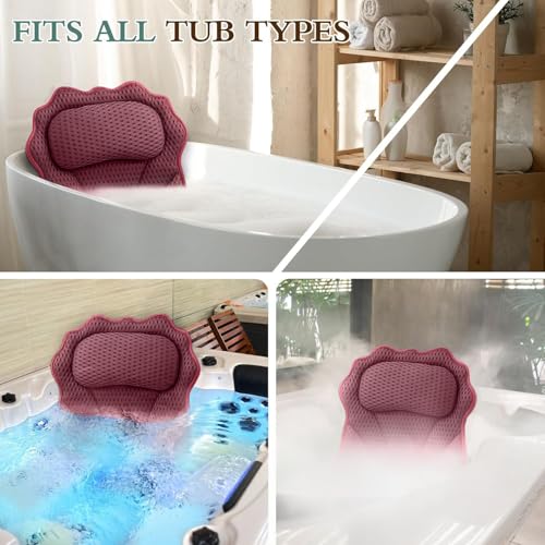 Bath Pillow RUVINCE Ergonomic Luxury Bathtub Pillow with Head,Neck, Shoulder and Back Support, 4D Bath Pillows for tub with 6 Powerful Suction Cups, Fits All Bathtub, Spa Tub, Hot Jacuzzi (Dark red) - color: Dark Red