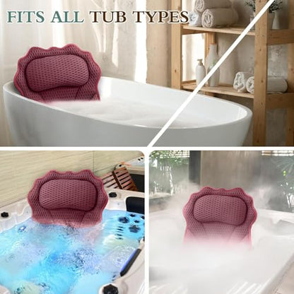 Bath Pillow RUVINCE Ergonomic Luxury Bathtub Pillow with Head,Neck, Shoulder and Back Support, 4D Bath Pillows for tub with 6 Powerful Suction Cups, Fits All Bathtub, Spa Tub, Hot Jacuzzi (Dark red) - color: Dark Red