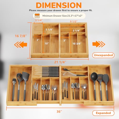 BAMEOS Expandable Silverware Drawer Organizer with Removable Knife Blocks, Bamboo Kitchen Utensil Holder from 21" to 36", Large Cutlery Tray with Divider for Forks, Spoons, Knives - size: 2''H 17x36