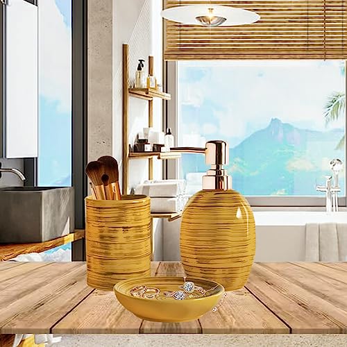 Bathroom Accessories Set, 3 Pcs Marble Look Bath Set Soap Dispenser & Toothbrush Holder Set, Counter Top Restroom Apartment Decor Stuff, Ceramic Kits, Unique Gift, Yellow - size: Mustard