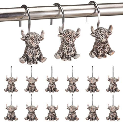 Roowest 12 Pcs Highland Cow Shower Curtain Hooks Western Shower Curtain Hooks Stainless Steel Rust Resistant Rings Hangers for Winter Farmhouse Rustic Bathroom Decor - style: Highland Cow