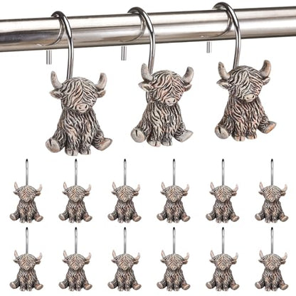 Roowest 12 Pcs Highland Cow Shower Curtain Hooks Western Shower Curtain Hooks Stainless Steel Rust Resistant Rings Hangers for Winter Farmhouse Rustic Bathroom Decor - style: Highland Cow