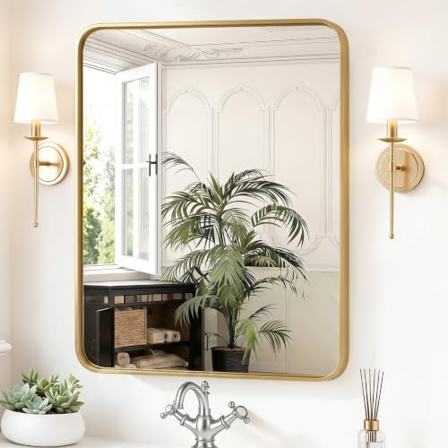 Sweetcrispy Bathroom Wall Mirror, 36x30 Inch Wall Mount Mirror for Over Sink, Modern Rounded Rectangle Vanity Mirrors with Matte Metal Framed, for Home Decor, Living Room, Bedroom, Gold - color: Gold-rect, size: 36"L x 30"W