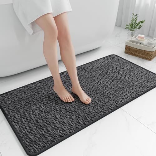 RUERYA Long Bathroom Rugs Non Slip Washable, Rubber Bath Mats for Bathroom,Quick Dry,Super Absorbent Ultra Thin Bath Mat Low Pile Bath Floor Mat Fit Under Door,Shower,Sink, Dark Grey, 24"x47" - color: Dark Grey, size: 2' x 3'11" (Rectangular)