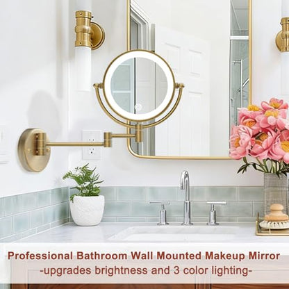 Lighted Wall Mounted Makeup Mirror with Magnification Antique Brass | Bathroom 1X/10X Magnifying, 8-Inch, 3 Color LED Touch Dimmable, Extendable Arm Vanity Shaving, Rechargeable Battery Operated - color: Antique Brass