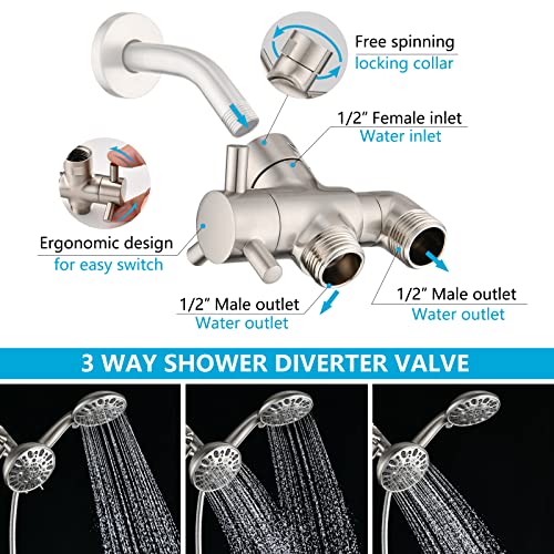 PDPBath Brass 3 Way Shower Arm Diverter Valve for Handheld Shower Head and Fixed Shower Head, G1/2 Universal Connection - Brushed Nickle - color: Brushed Nickel