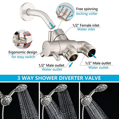 PDPBath Brass 3 Way Shower Arm Diverter Valve for Handheld Shower Head and Fixed Shower Head, G1/2 Universal Connection - Brushed Nickle - color: Brushed Nickel