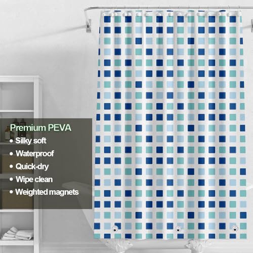 Plastic Shower Liner - Premium PEVA 4G Shower Curtain Liner with Rustproof Grommets and 3 Weighted Magnets, Waterproof Shower Curtains for Bathroom (Blue-Green Square) - color: Blue-green Square, size: 71"W x 71"L (Pack of 1)
