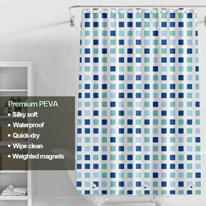 Plastic Shower Liner - Premium PEVA 4G Shower Curtain Liner with Rustproof Grommets and 3 Weighted Magnets, Waterproof Shower Curtains for Bathroom (Blue-Green Square) - color: Blue-green Square, size: 71"W x 71"L (Pack of 1)