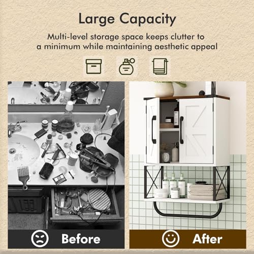 RUSTOWN Farmhouse Rustic Medicine Cabinet with Two Barn Door,Wood Wall Mounted Storage Cabinet w/Dark Brown Top & Adjustable Shelf and Towel Bar, 3-Tier Cabinet for Bathroom(White) | Dark Brown Top, Adjustable Shelf, Towel Bar, 3-Tier Rustic Wood Wall Mou