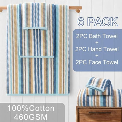VOOVA & MOVAS Striped Towels 6 Pack, 100% Cotton, Blue Gray Beige | Household & Guest Bathroom, Available in 13x13, 16x27, 28x52 In, Quick Dry, Soft, Absorbent, Bath Towels with Hanging Loops - color: Blue + Gray + Beige Striped, size: 6 PCS Bathroom Towe
