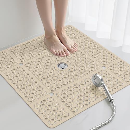 Yolife Square Shower Mat, 27" x 27" Large Shower Mat with Drain Hole in Middle, Soft TPE Non Slip Shower Mats for Inside Shower with Suction Cups, Anti Slip Washable Shower Floor Mat, Brown - color: Brown