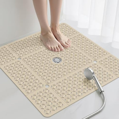 Yolife Square Shower Mat, 27" x 27" Large Shower Mat with Drain Hole in Middle, Soft TPE Non Slip Shower Mats for Inside Shower with Suction Cups, Anti Slip Washable Shower Floor Mat, Brown - color: Brown