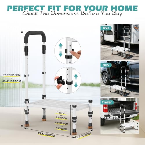 Medical Step Stool, Wide Platform, Adjustable Handrail & Legs | Adjustable handrail(32.5”-40.4”) & sturdy steel frame. 800 lb capacity. Use on bed, car SUV & bathroom. Safe for seniors. - color: Classic White