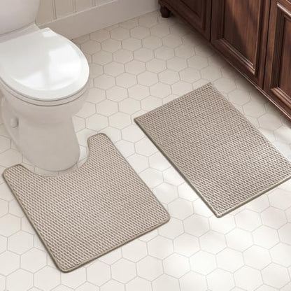 TYUU Bath Mat Set 2 Piece, Bathroom Rugs Non Slip Washable & Toilet Mat | Non Slip Quick Dry Absorbent Thin Low Pile Bathroom Mats, Washable Bath Rugs 2 Pc Set: 16x24 Mat & Toilet Mat 20x24 in. Beige - color: Beige, size: 16"x24" + 20"x24" U Shape