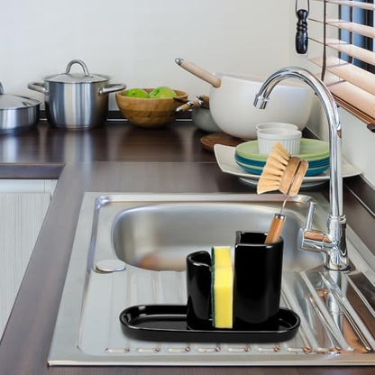 3 in 1 Ceramic Kitchen Sink Caddy Dish Sponge Holder Scrub Brush Holder and Soap Tray for Kitchen Organizer Rustic Farmhouse Supplies(Black) - color: Black