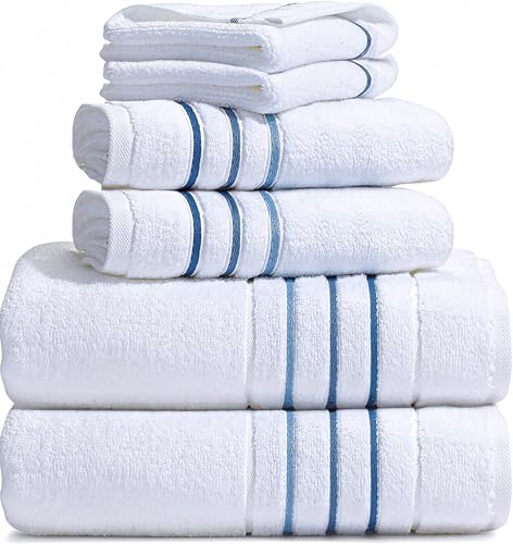 Bath Towels Set for Bathroom – Luxury 6-Piece Cotton Towels, Soft Absorbent & Quick Dry, 600 GSM Bath Towels for Bathroom, Hotel Spa Quality (White/Blue Azure, 6- Bath Towel Set) - color: White/Blue Azure