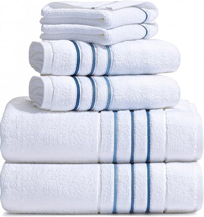 Bath Towels Set for Bathroom – Luxury 6-Piece Cotton Towels, Soft Absorbent & Quick Dry, 600 GSM Bath Towels for Bathroom, Hotel Spa Quality (White/Blue Azure, 6- Bath Towel Set) - color: White/Blue Azure