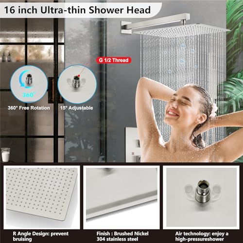 Midanya Shower Faucet Set with Handheld Sprayer,16 Inch,Brushed Nichel | Rough-in Shower Valve and Trim Kit Included,Square Rain Head,Wall Mount Shower System,All Metal,Bathroom - color: Nickel, size: 16 Inch