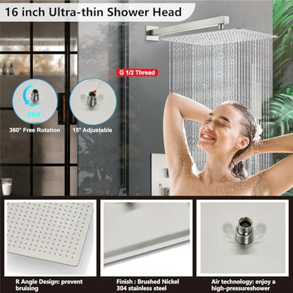 Midanya Shower Faucet Set with Handheld Sprayer,16 Inch,Brushed Nichel | Rough-in Shower Valve and Trim Kit Included,Square Rain Head,Wall Mount Shower System,All Metal,Bathroom - color: Nickel, size: 16 Inch