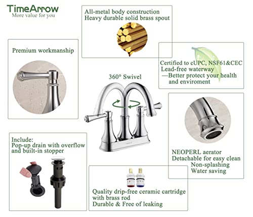 TimeArrow Chrome 4 Inch Two Handle Centerset Bathroom Sink Faucet 3 Holes with Pop up Drain, High Arc Modern Bathroom Vanity Lavatory Faucet with Brass 360° Swivel Spout, TAF067Y-CP | TimeArrow High Arc Modern 2-Handle Bathroom Faucet, Vanity Lavatory Fau