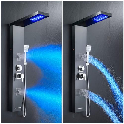 5-in-1 LED Shower Panel Tower System Stainless Steel Black | LED waterfall + rainfall | 2-in-1 body jets | Handheld shower | Bathtub filler | Wall mount - color: Black