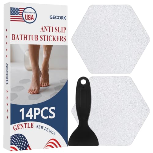 Gecork 14 PCS Shower Floor Non Slip Stickers with Strong Adhesive, Invisible & Durable Anti Slip Shower Stickers with Scraper for Bath Tub, Pools and Stairs, Clear, Hexagonal - color: Clear