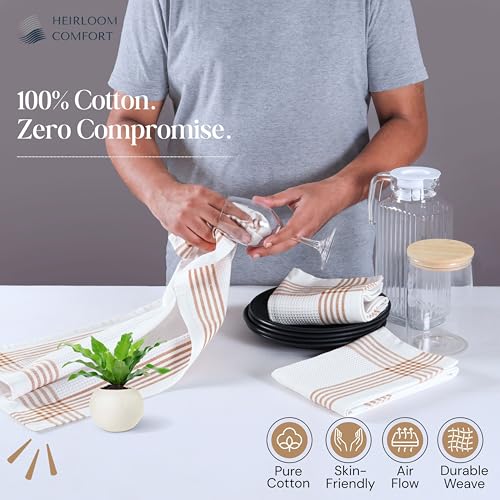 Brown and White Cotton Kitchen Towels 3 Pack, Waffle Weave, 16x26 Inch, Super Absorbent, Reversible, Quick Dry Dishcloths for Drying Dishes, Cleaning, Reusable, Everyday Use - color: Brown, White, style: 3 Pack