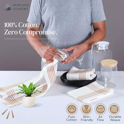Brown and White Cotton Kitchen Towels 5 Pack, Waffle Weave, 16x26 Inch, Super Absorbent, Reversible, Quick Dry Dishcloths for Drying Dishes, Cleaning, Reusable, Everyday Use - color: Brown, White, style: 5 Pack