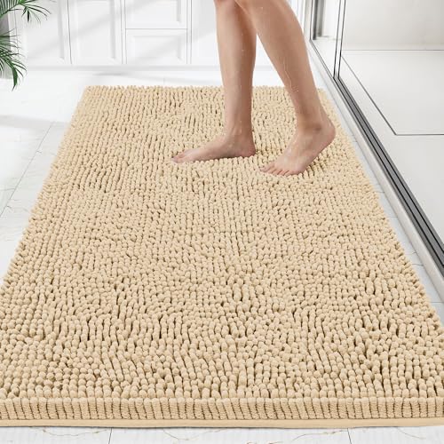 Bathroom Rugs Mat 48 x 24, Thick Soft Absorbent Chenille Bath Rugs, Rubber Backing Bath Mats for Bathroom Floor, Tub, Shower, Bedroom, Home Decor Accessories, Quick Dry Machine Washable, Beige - color: Beige, size: 48" x 24"
