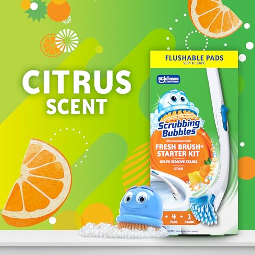 Scrubbing Bubbles Toilet Bowl Cleaning System with Flushable & Disposable Cleaner Refill Pads, Fights Odors and Helps Remove Limescale & Hard Water Stains, Citrus Scent, 1 Wand + 4 Refills + 1 Stand - size: 1 Count (Pack of 1), style: Starter Kit