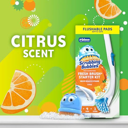 Scrubbing Bubbles Toilet Bowl Cleaning System with Flushable & Disposable Cleaner Refill Pads, Fights Odors and Helps Remove Limescale & Hard Water Stains, Citrus Scent, 1 Wand + 4 Refills + 1 Stand - size: 1 Count (Pack of 1), style: Starter Kit